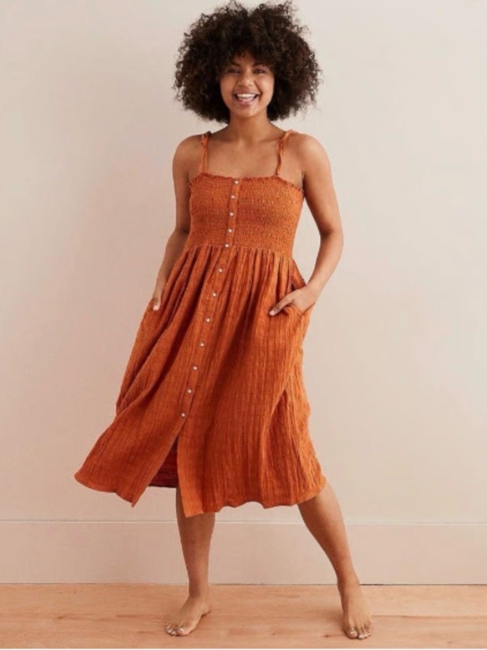 Aerie At The Barre Smocked Tie-Strap Midi Dress Rust Orange XS